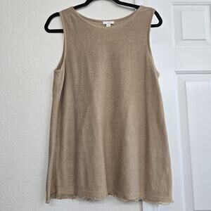 J. Jill Linen Blend TankTop XS Tan Natural Earth Tone Blouse Knit Fringe Hem